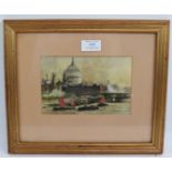 British School (19th century) - 'Thames Scene with St. Pauls', watercolour, 12cm x 18cm, framed.