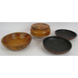 A turned hardwood lidded bowl consisting of New Zealand woods, an Australian maple and rosewood bowl