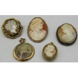 A collection of four various cameos to include lady with pearls in her hair with marcasite