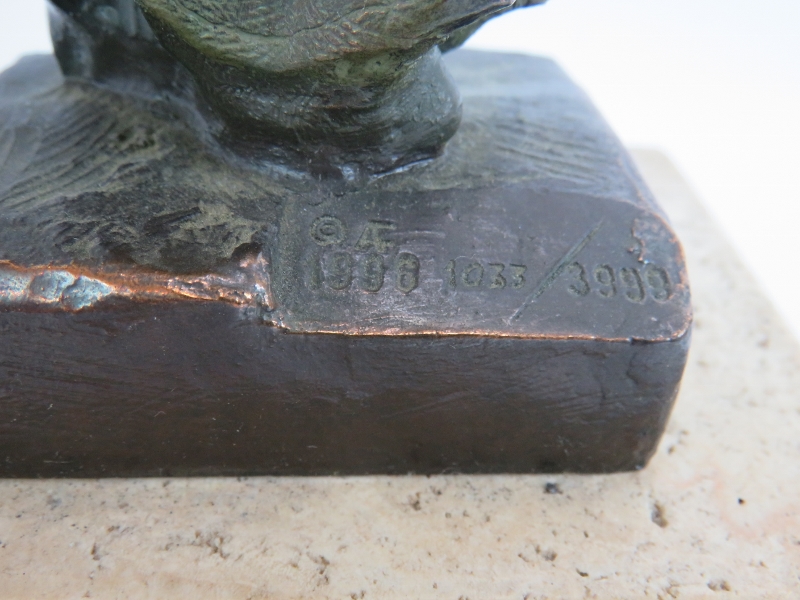 A contemporary bronzed sculpture of a woman at a window mounted on a stone plinth. Signed Miro, - Image 4 of 5