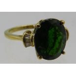 Natural Russian diopside & baguette diamond ring, size M, 14k yellow gold/925. Oval faceted diopside