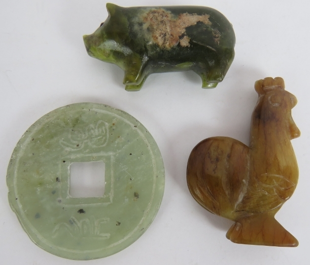 Three carved Chinese Jadeite hardstone objects including a rooster, a pig and an amulet coin. - Image 2 of 3