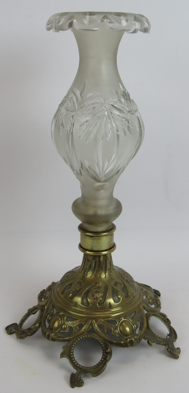 A 19th century brass mounted frosted and cut glass table centre. Height 43cm. Condition report: