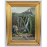 J. D. W. (1873) - 'Mother and infant beside a water wheel', watercolour, signed with initials and