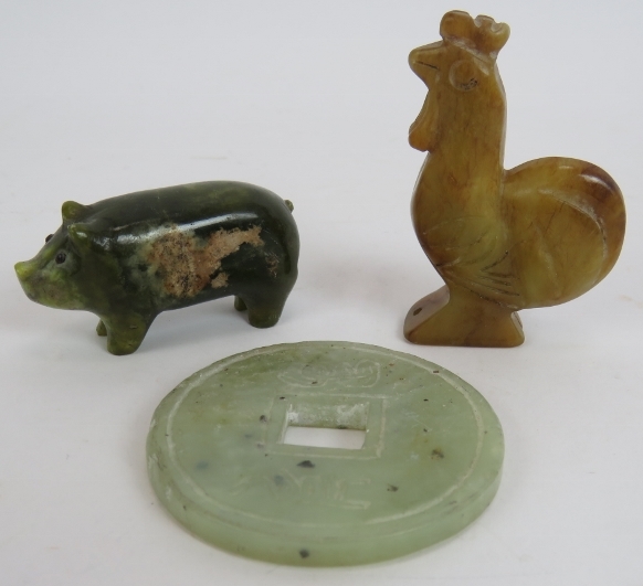 Three carved Chinese Jadeite hardstone objects including a rooster, a pig and an amulet coin. - Image 3 of 3