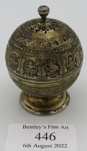 A fine Victorian silver gilt pounce pot with panels of animals & figures, London 1875, maker Francis