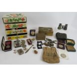 A mixed lot of collectables including coins, medals, buttons, vesta case, boxes, opera glasses