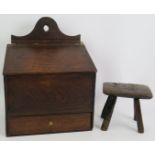 A large antique oak lift top candle box with internal divider and single drawer plus an early four