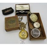 A collection of four pocket watches and one wristwatch to include an Ingersoll Radiolite, a modern