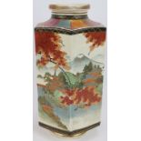 A finely decorated hexagonal Japanese Satsuma vase with lakeside scene and Mount Fuji background.