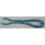 A graduated turquoise roundel shaped bead necklace with ball shaped silver clasp, approx 19" long,