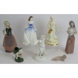 Two Royal Doulton figurines, Charlotte and Queen of the Dawn, two Nao figures, a Lladro figure, a