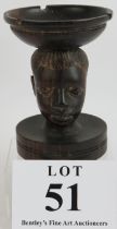 A vintage African carved hardwood pedestal dish with Ethnic carved head support. Height 14.5cm.
