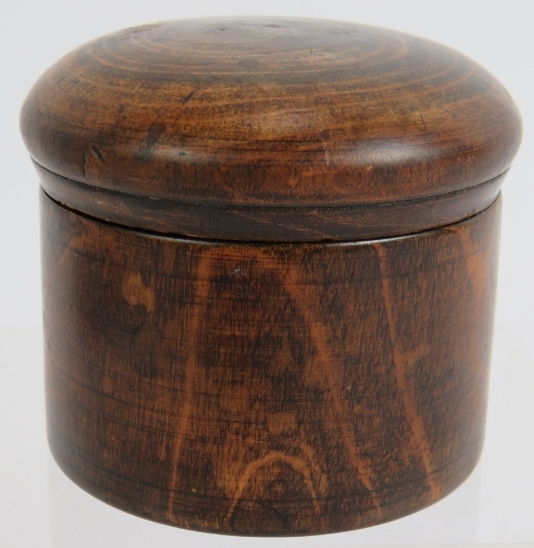 A turned hardwood treen lidded pot with domed top. Diameter 6.5cm. Height 5.5cm. Condition report: - Image 2 of 4