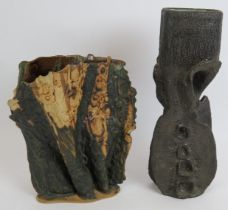 A Clive Brooker studio pottery brutalist chalice vase, 32cm tall, and another studio pottery vase