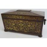 A 19th century Regency rosewood tea caddy of sarcophagus form with ornate brass inlay, drop loop