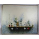John Ridgewell (1937-2004) - 'Surreal landscape on a shelf', oil on canvas, signed, 101cm x 127cm,