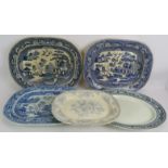 Two large antique blue and white meat platters, an opaque Chine Willow pattern platter, Royal