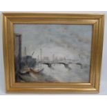 British School (1962) - 'London Bridge at low tide', oil on board, label verso, 24cm x 31cm, framed.