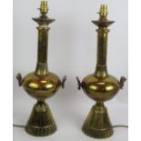 A pair of vintage lamps with brass Eastern temple vase style bases. Base height 52cm. (pr).