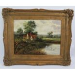 C. H. Revill (19th century) - 'Country landscape with figures fishing, before a cottage', oil on