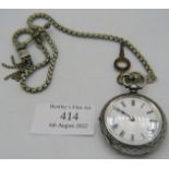 800 silver cased pocket watch with engraved back on a nickel Albert with 'T' bar & tassel with