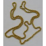 A yellow metal rope twist necklace, the lobster clasp marked 750. Probably Omani, 22ct, approx 23"