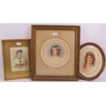 Three attractive period watercolour studies of Young Women, including a circular example