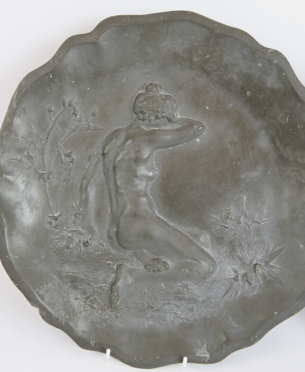 A pair of late 19th century Art Nouveau pewter plaques, each signed Ledru (Auguste Ledru 1860-1902), - Image 2 of 8