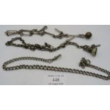 Two silver Albert chains and one other unmarked, two with dog clips and 'T' bars. Approx weight