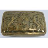 An antique Dutch brass tobacco box with repousse coat of arms to lid dated 1671. 13cm x 8cm.