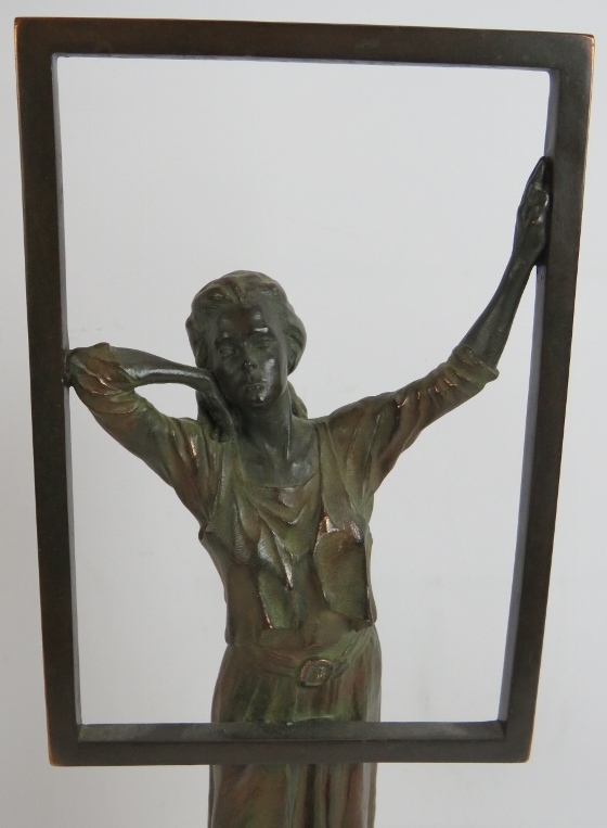 A contemporary bronzed sculpture of a woman at a window mounted on a stone plinth. Signed Miro, - Image 2 of 5