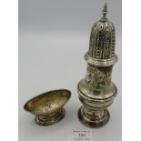 A silver sugar caster, Birmingham 1959 and a silver pedestal salt, London 1893, approx weight 4.2