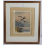 William Powell (British, 1878-1955) - 'Ducks in flight over a lake', watercolour, signed, 24cm x