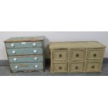 An antique pine wall hanging bank of six drawers, painted distressed beige, together with a small