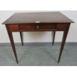 A Regency mahogany rectangular side table, with single drawer with pressed brass handle, on tapering