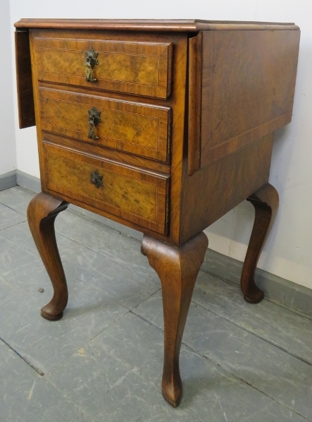 An antique burr walnut side cabinet, crossbanded and strung with boxwood and satinwood, with drop - Image 2 of 6