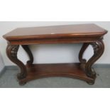 A Victorian mahogany console table, on shell carved and scrolled ogee supports, united by a shaped