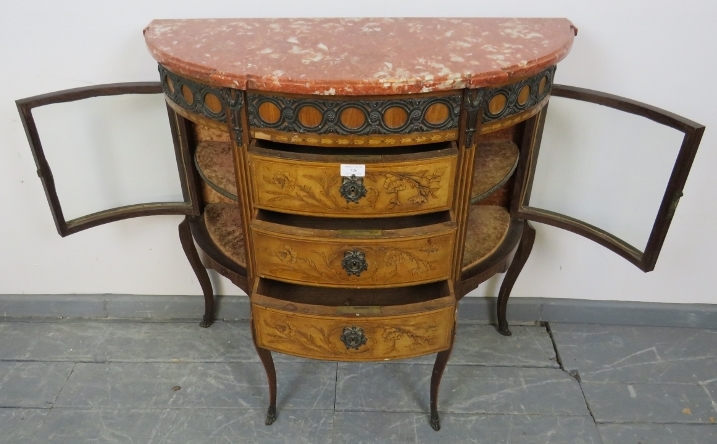 A turn of the century demi-lune side cabinet in the Louis XVI taste, with red marble top over - Image 3 of 3