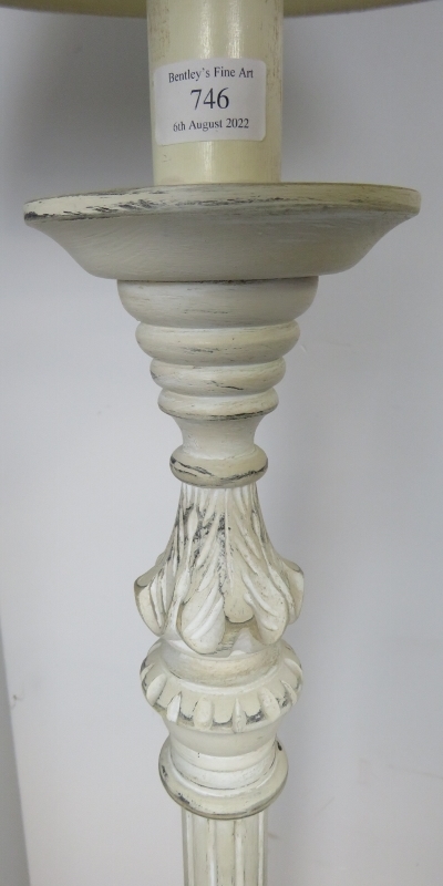 A vintage oak English made standard lamp, painted distressed white, with acanthus carved and - Image 2 of 2