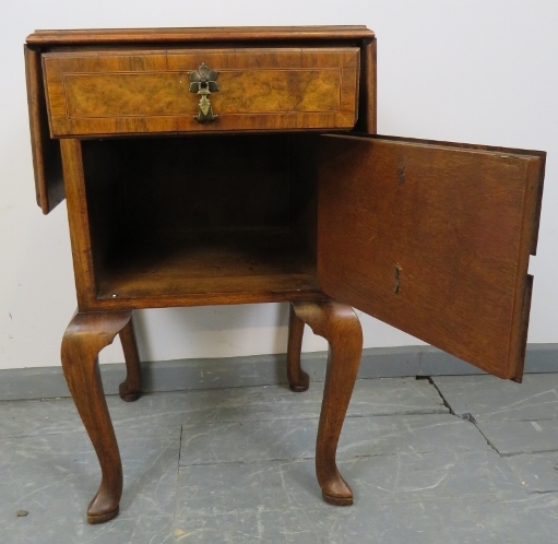 An antique burr walnut side cabinet, crossbanded and strung with boxwood and satinwood, with drop - Image 5 of 6