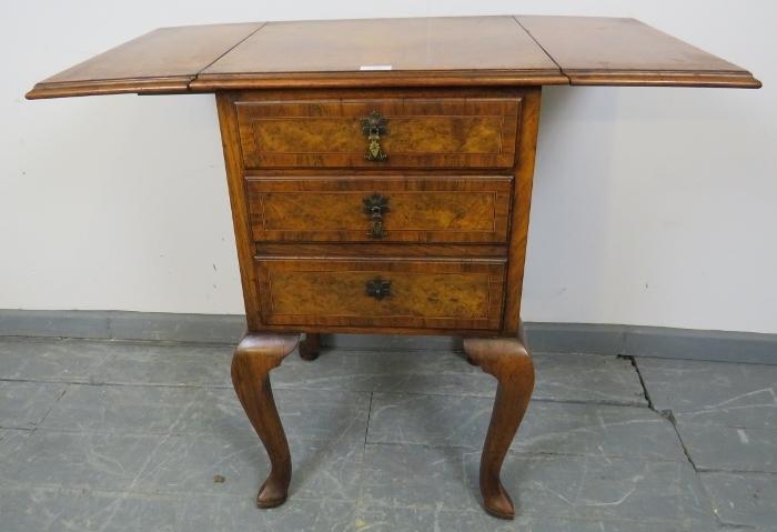 An antique burr walnut side cabinet, crossbanded and strung with boxwood and satinwood, with drop - Image 3 of 6