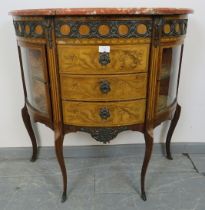 A turn of the century demi-lune side cabinet in the Louis XVI taste, with red marble top over