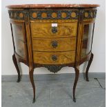 A turn of the century demi-lune side cabinet in the Louis XVI taste, with red marble top over