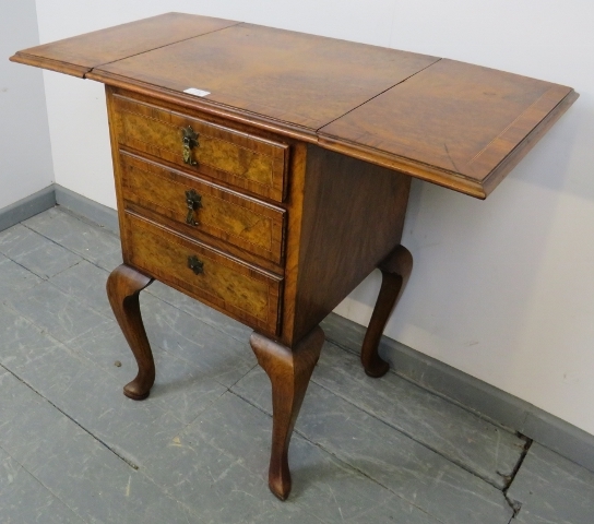 An antique burr walnut side cabinet, crossbanded and strung with boxwood and satinwood, with drop - Image 4 of 6