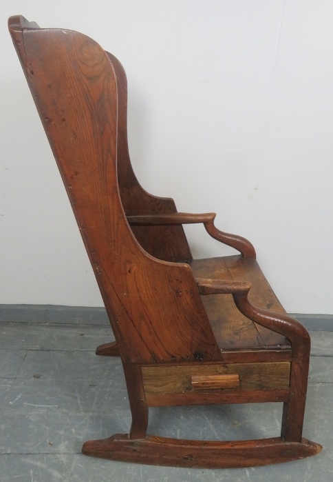 An 18th century fruitwood lambing chair, the panelled back carved with ‘SS 1722’, featuring under - Image 4 of 5