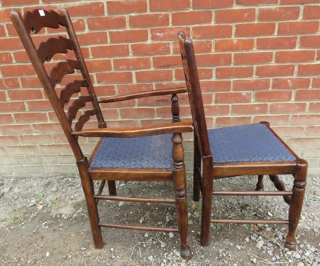 A set of six (4+2) 19th century style oak & ash Lancashire ladderback dining chairs, with drop in - Image 2 of 4