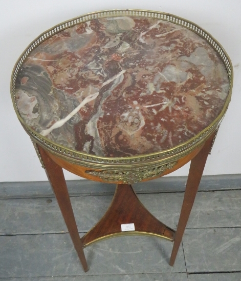 A vintage French gilt metal mounted walnut plant stand, the inset red marble top with brass - Image 2 of 2