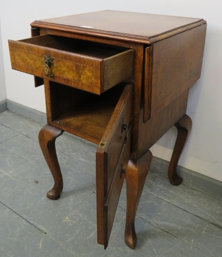 An antique burr walnut side cabinet, crossbanded and strung with boxwood and satinwood, with drop - Image 6 of 6