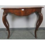 An 18th century and later French burr walnut crossbanded console table, with shaped apron, on